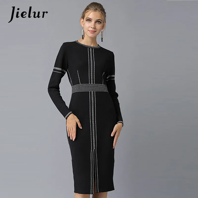 

Autumn Spring New Elegant Lady Black Dress Female Europe Fashion Slim OL Women Dresses Long Sleeve Split Knitted Vestidos