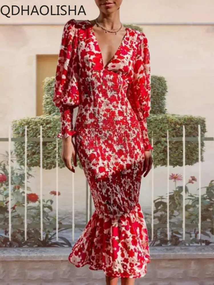 

New Spring Autumn Slim Print Sexy Dress Fashion Elegant Women's V-neck Temperament Long Long Sleeve Evening Dress Dress Top