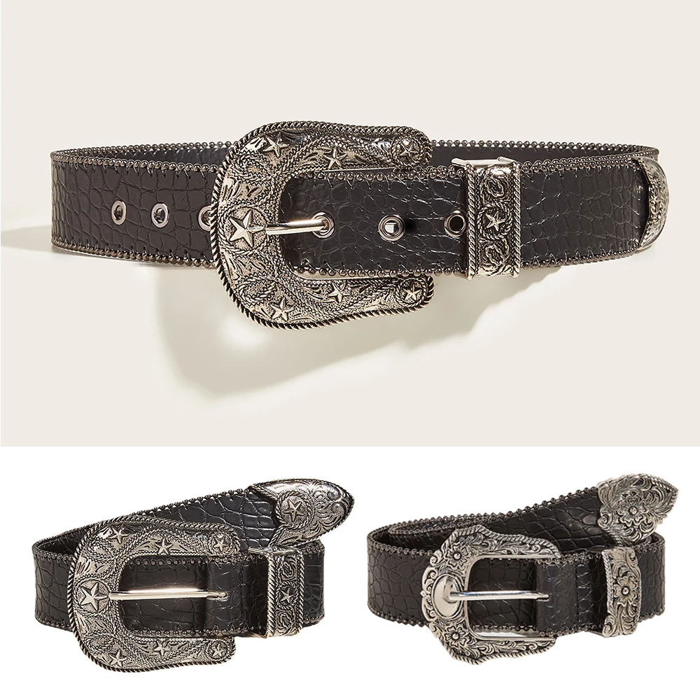 

Retro PU Leather Black Belt Women Gothic Alloy Buckle Waist Strap Luxury Brand Designer Female Jeans Decoration Y2k Accessories