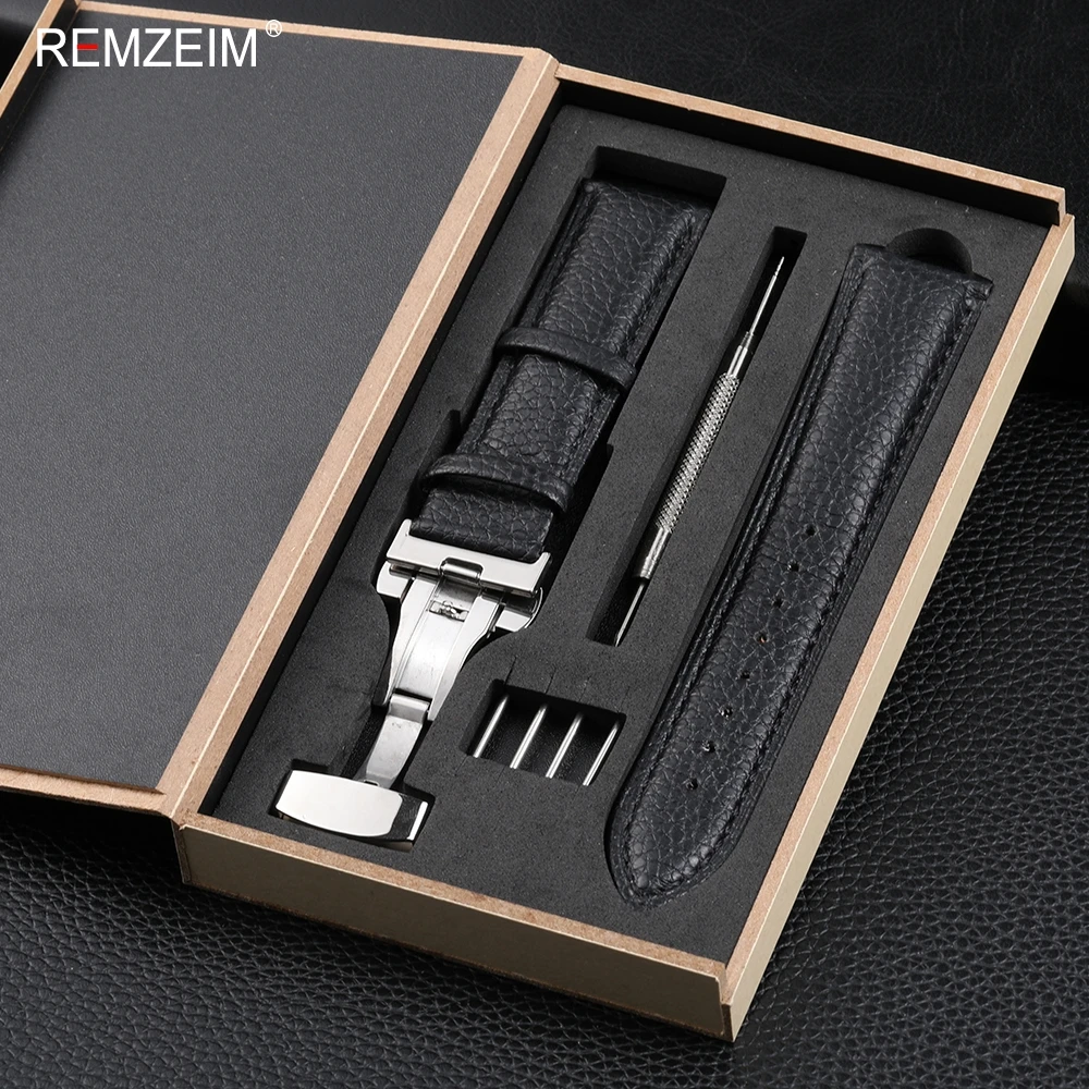 Elegant Litchi Leather Wrist Band with Butterfly Buckle & Gift Box Packaging