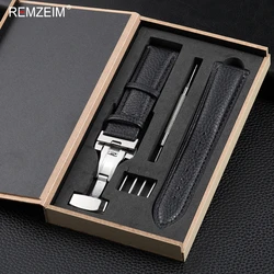 Elegant Litchi Leather Wrist Band with Butterfly Buckle & Gift Box Packaging - 22mm (Black)