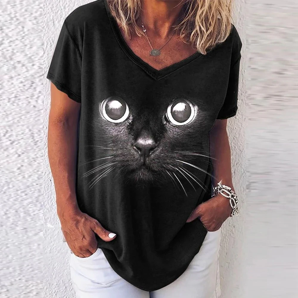 

New cute 3D kitten print classic V-neck women's T-shirt casual and versatile fun cat summer short sleeved T-shirt 2024