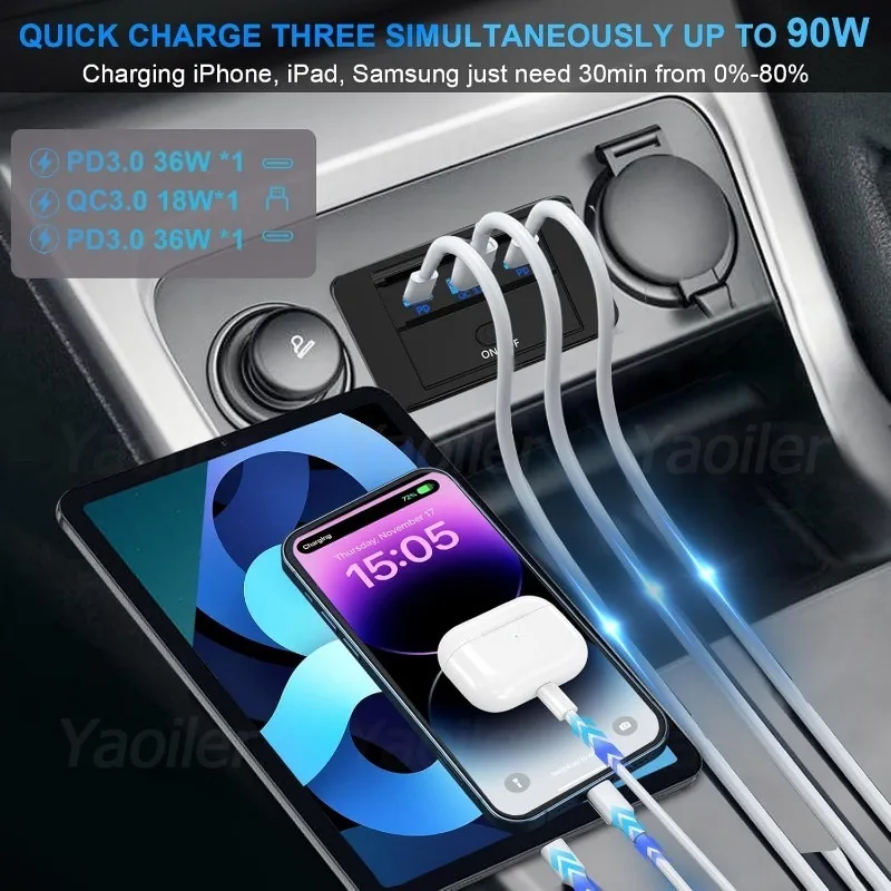 업그레이드된 3포트 12V RV USB C 콘센트 90W 듀얼 PD3.0 및 QC3.0 해양 버스 트럭용 패널 벽걸이형 자동차 USB 소켓 충전기 어댑터