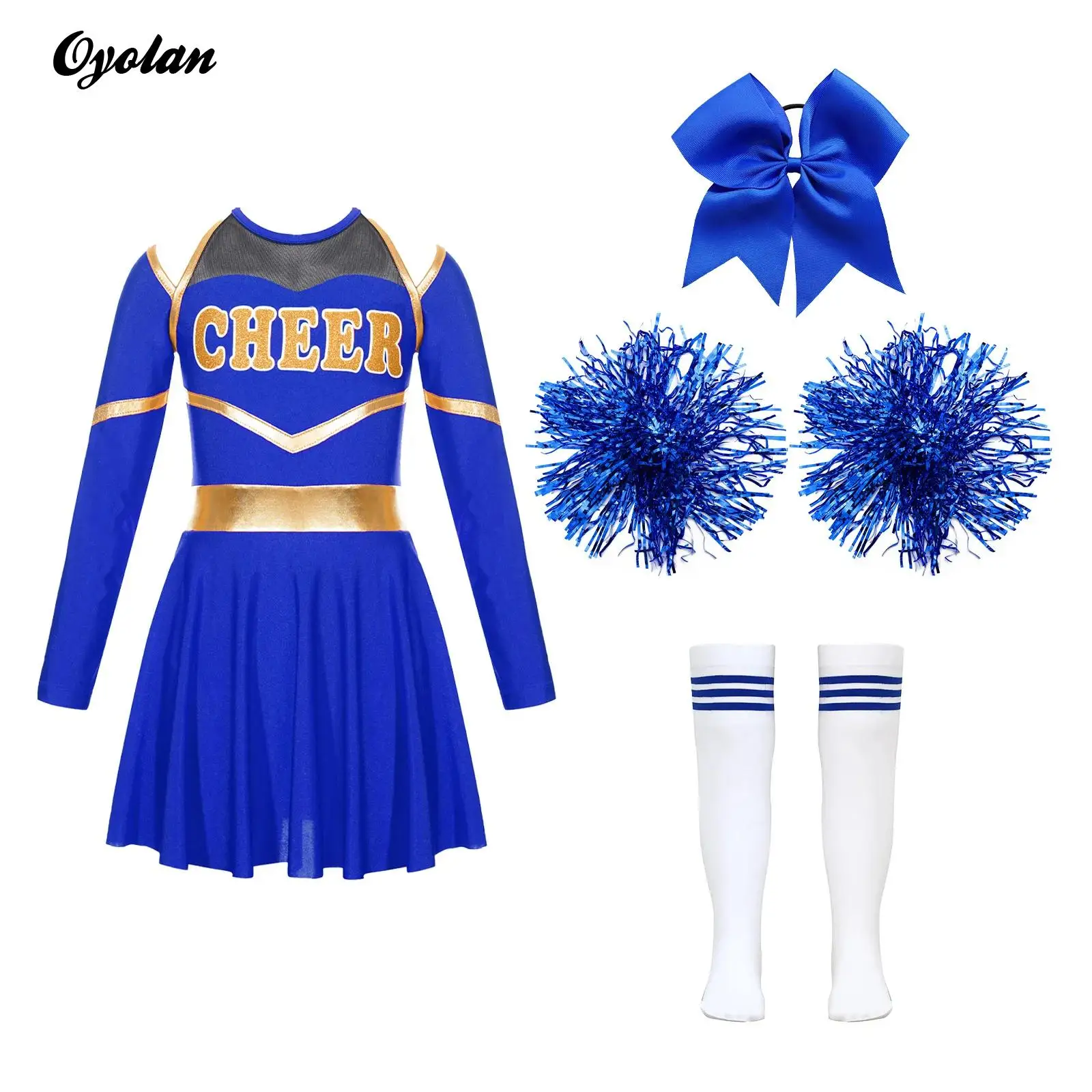 

Kids Girls Cheerleading Ballet Dance Outfit Cheerleader Uniform Dress with 1Pc Bowknot Headwear 2Pcs Hand Flowers Striped Socks