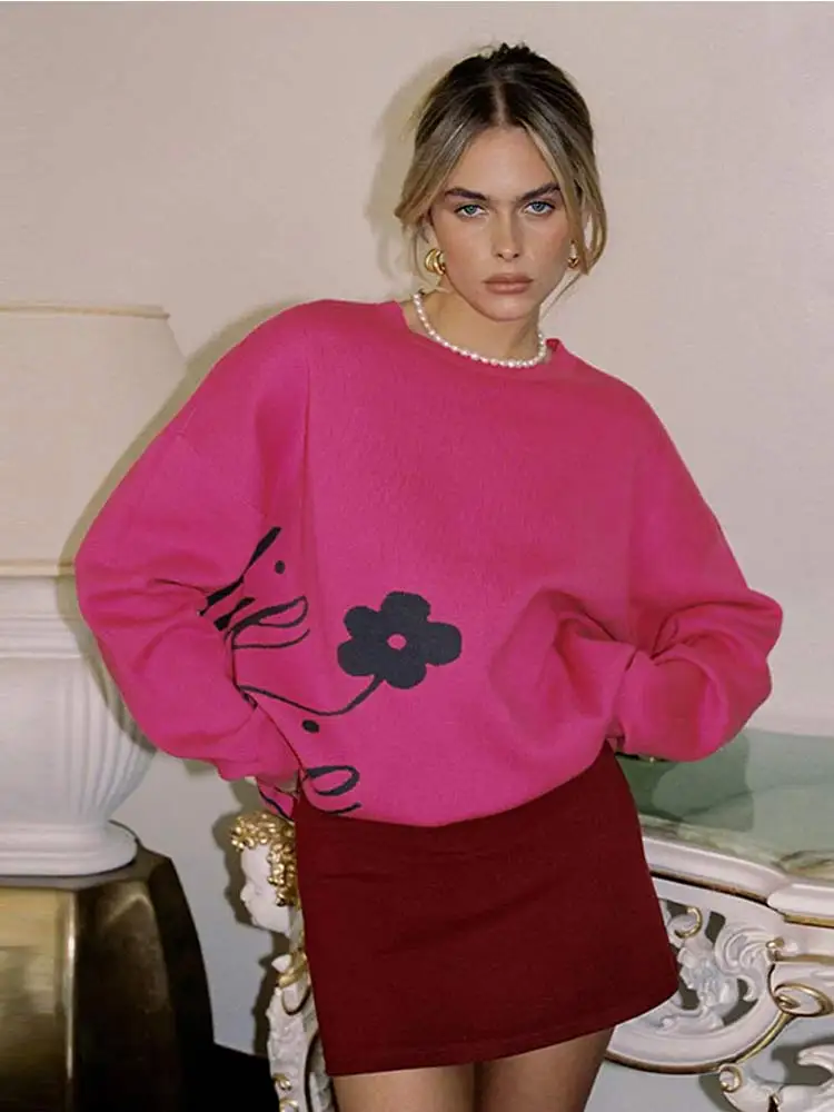 

Elegant Women's Printed Round Neck Sweaters Fashion Long Sleeve Warm Knitted Tops Autumn Winter Street Holiday Lady Jumpers