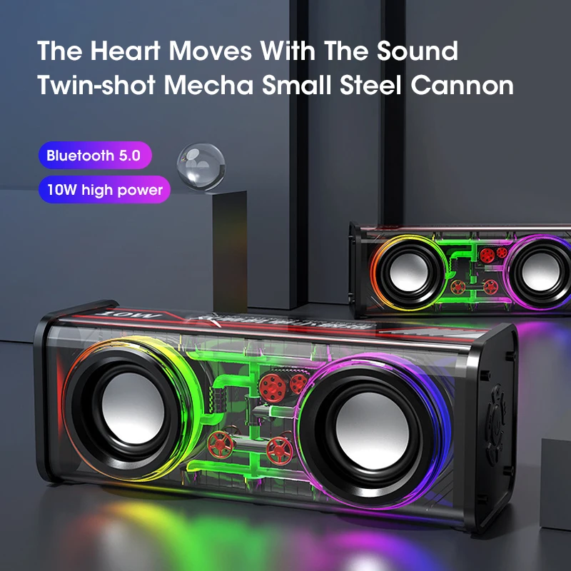 V8 Wireless Bluetooth 5.0 Transparent Mecha Speakers Double Bass Diaphragm Subwoofer TWS Mini Party RGB Light Loudspeaker