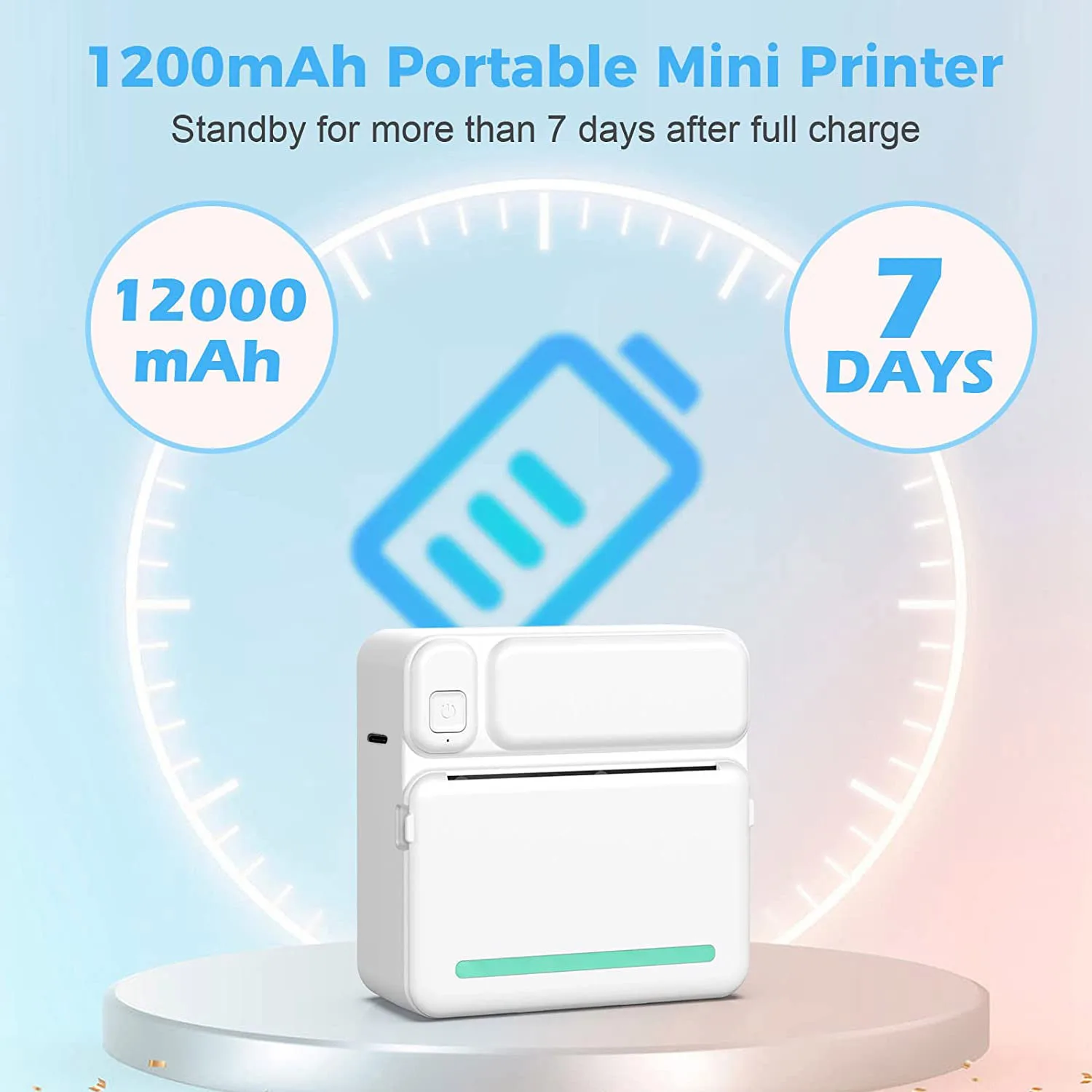 Thermal Mini Printer - Portable, Wireless, Rechargeable Lithium Battery, 1 Roll of Thermal Paper + 5 Rolls of Colorful Stickers