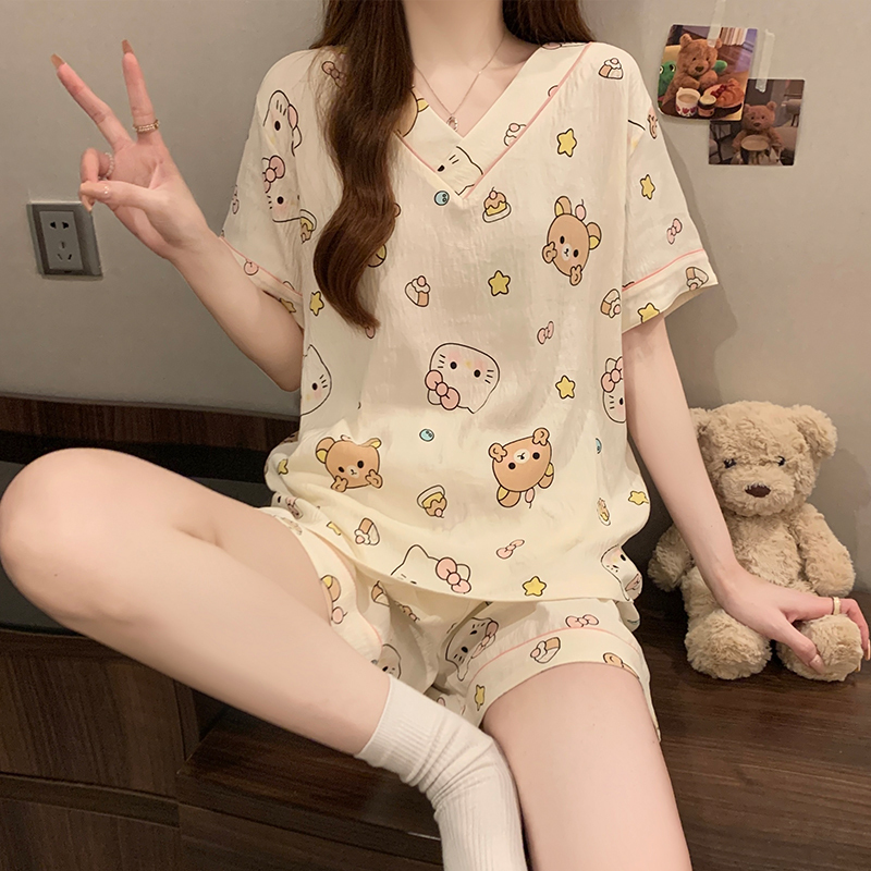 Sweet Kawaii Little Dog & Bear Print Women's Pajamas Korean Cartoon Cute Harajuku Lounges Y2k 2024 New Summer Home Sleepwear