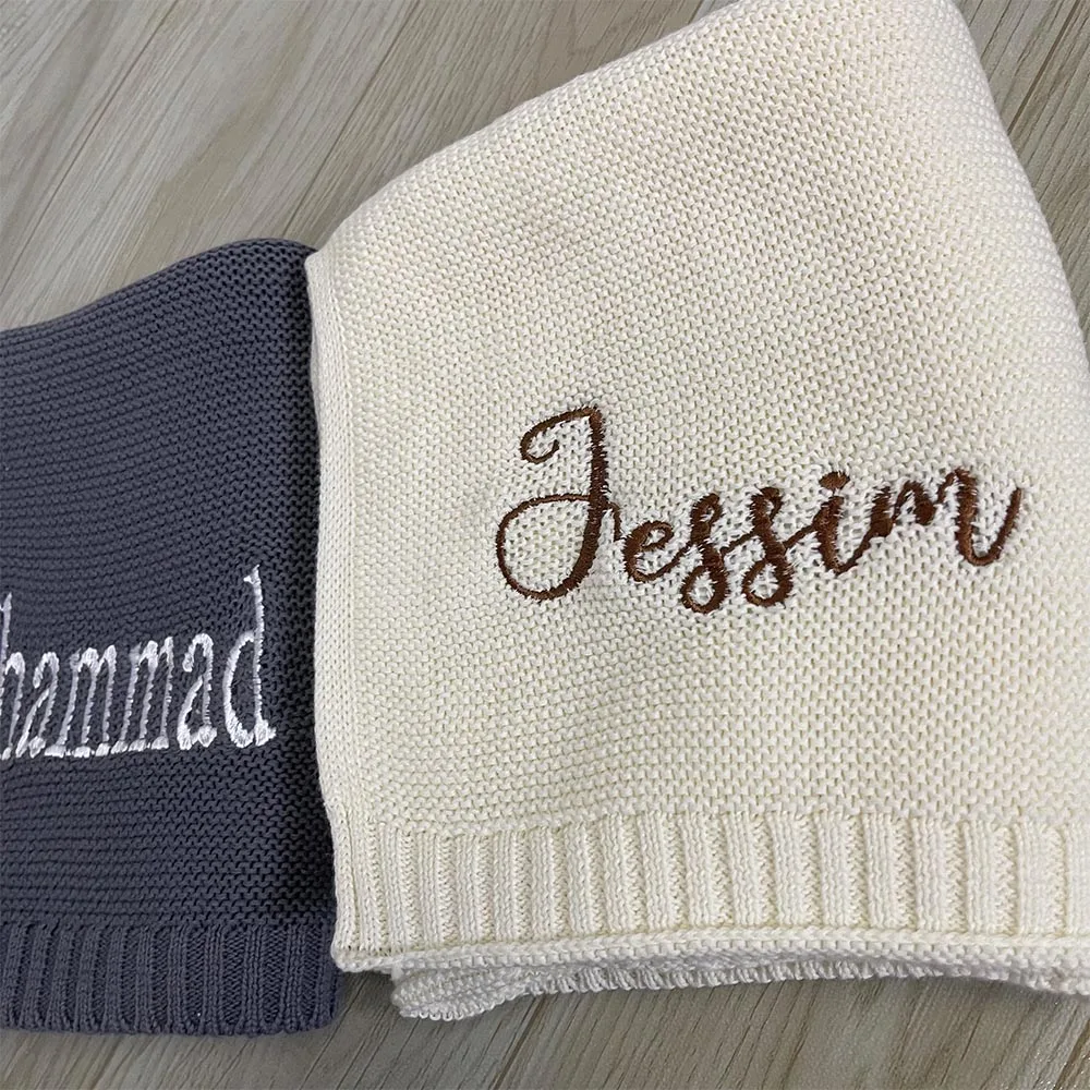 Cotton Knitted Blanket Personalized Embroidered Name Baby Boy Baby Girl Soft Blanket Baby Shower Breathable Stroller Blanket 2