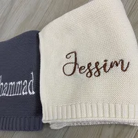 Cotton Knitted Blanket Personalized Embroidered Name Baby Boy Baby Girl Soft Blanket Baby Shower Breathable Stroller Blanket 2
