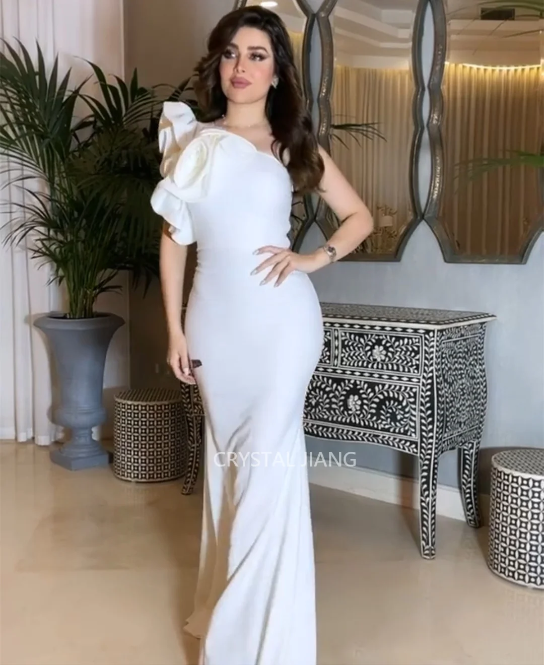 

2023 New Arrival Long Crepe One Shoulder Evening Dresses فساتين السهرة Mermaid Sweep Train Prom Dress Robe de soirée for Women