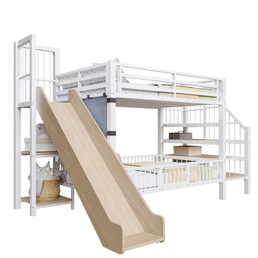 90*200cm Metal Bed for Children, with Slide and Storage Staircase, Bunk Bed with Protective Lattice Door, Integrated Shelves