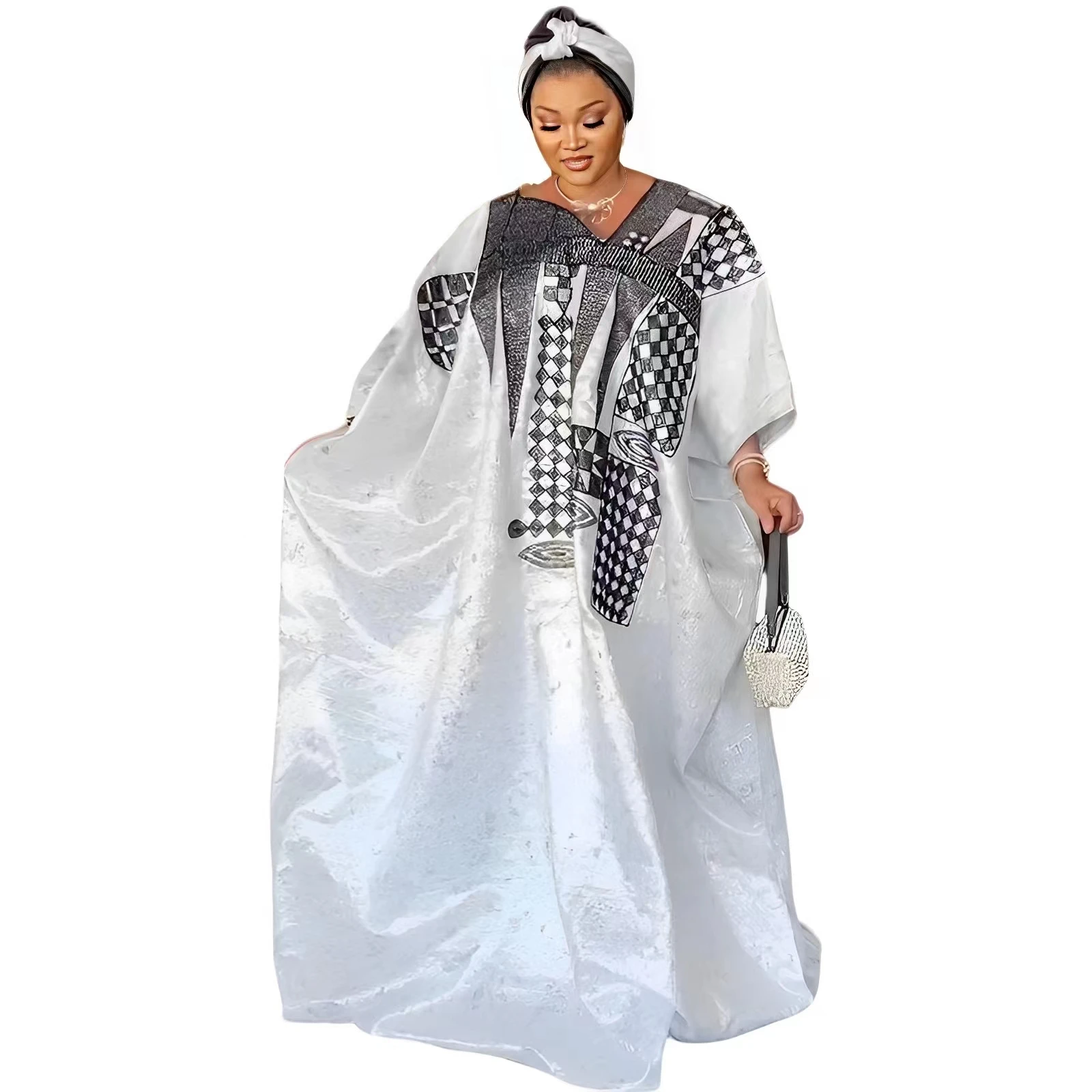 African Dress For Woman Plus Size Bazin Riche Embroidery Floor Long With Scarf