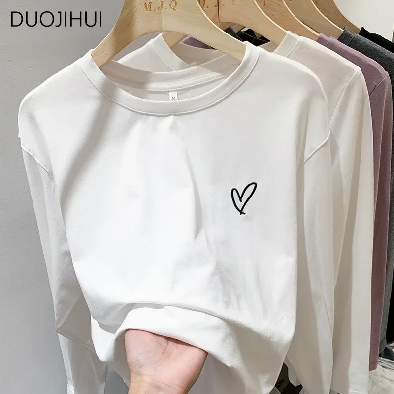 

DUOJIHUI белые Нестандартные Свободные Простые повседневные женские футболки осенние базовые с круглым вырезом однотонные Модные женские футболки с длинным рукавом