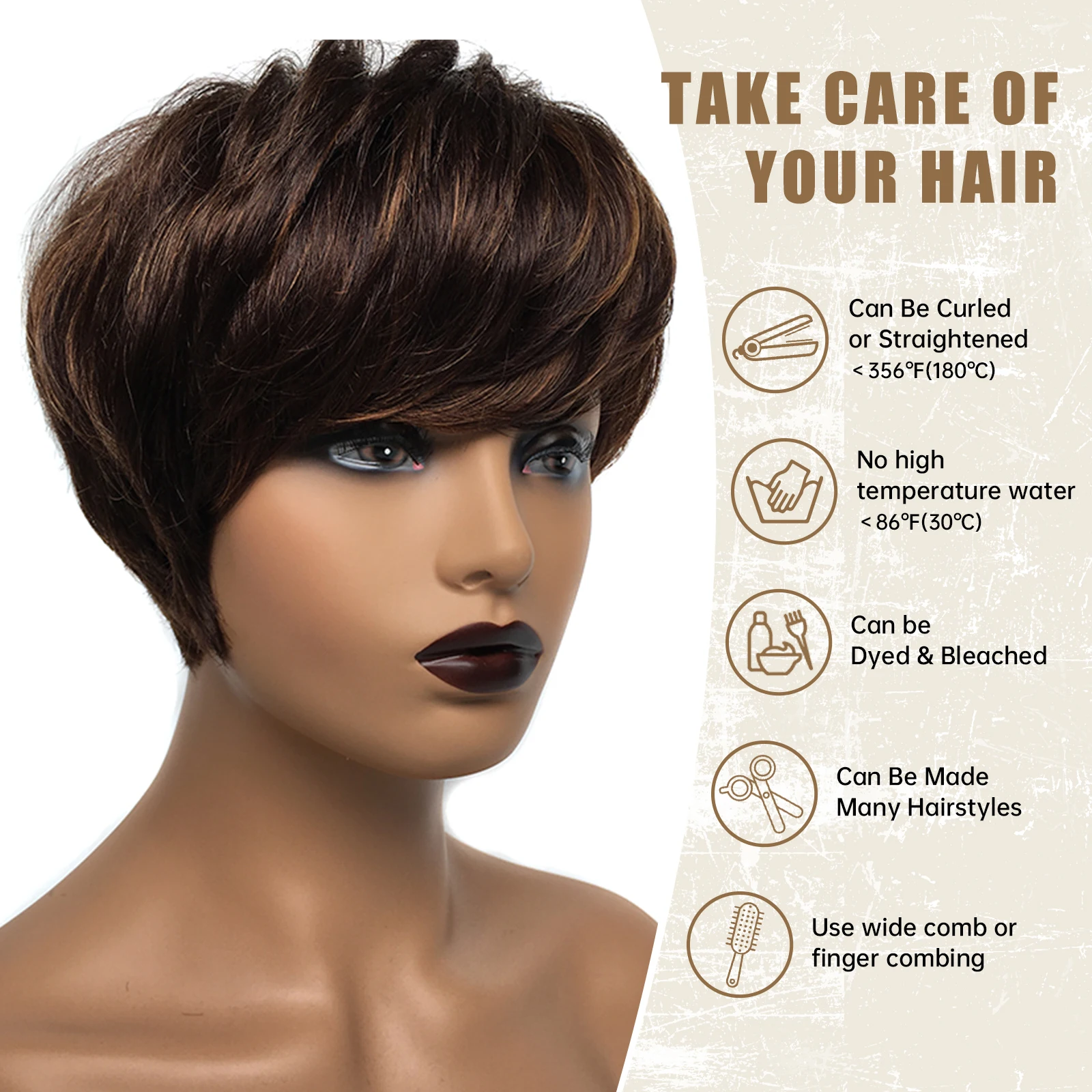 Dark Brown Remy Human Hair Wigs with Bangs Short Pixie Cut Bob Wig for Women Layered Chocolate Brown Bob Wig 6inches Daily Party