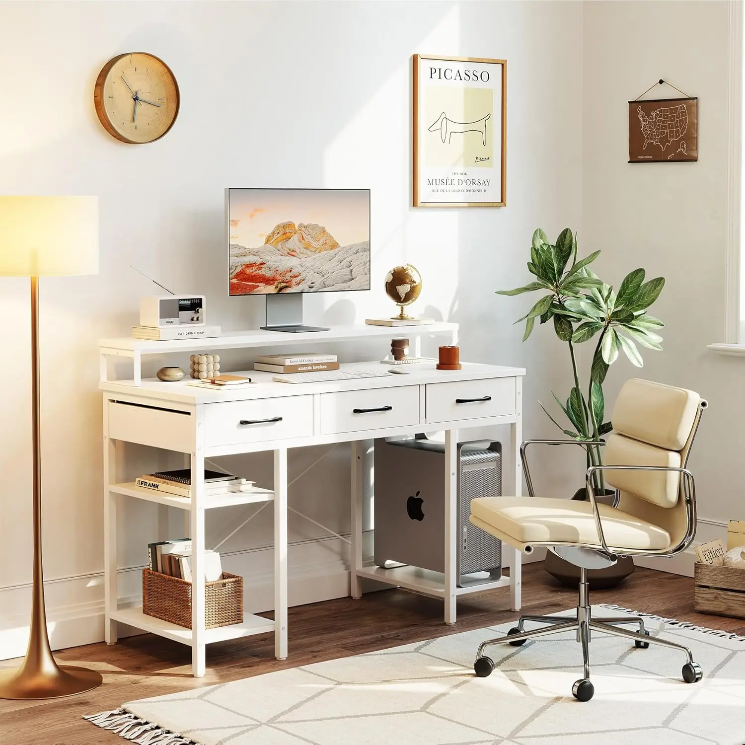 47 Inch Computer Desk with 3 Drawers and Storage Shelves, Small Home Office Desk with Monitor Stand, Study Writing Table 2