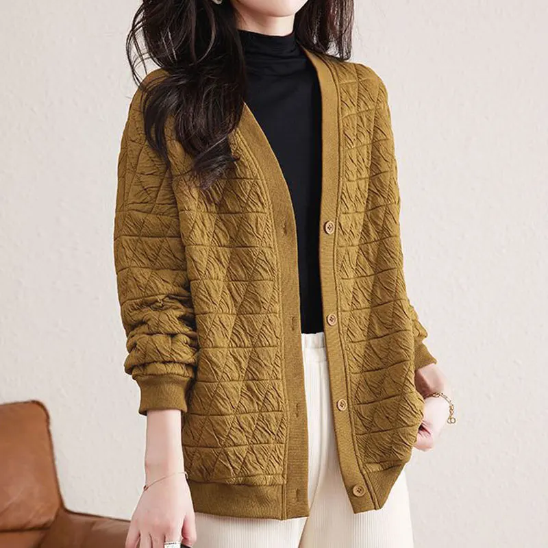 Women Clothing 2023 Fashion Loose Long Sleeve V-neck Solid Thin Buttons Office Lady Simplicity Streetwear Autumn Winter Jackets