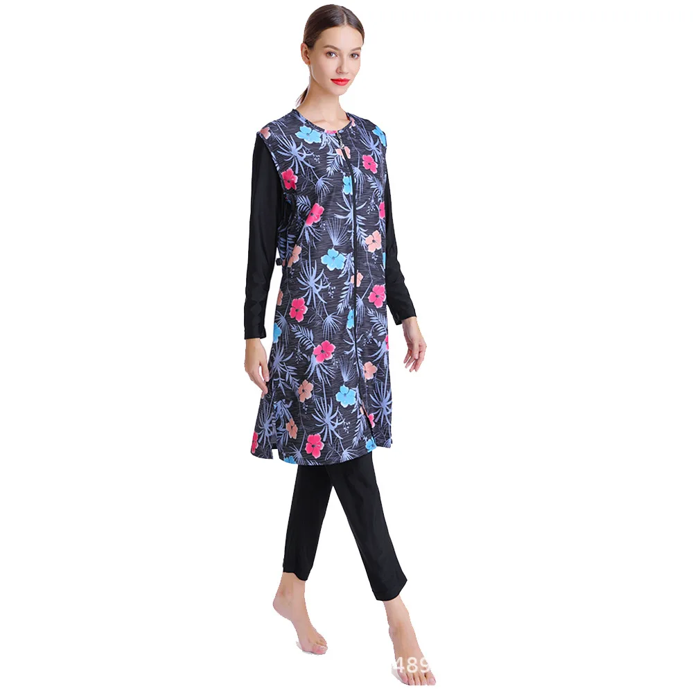 Fashion Hijab Clothing Print Muslim Swimwear Three-Piece Set with Zipper Hooded for Women Burkini Islamique Femme Abaya Femme