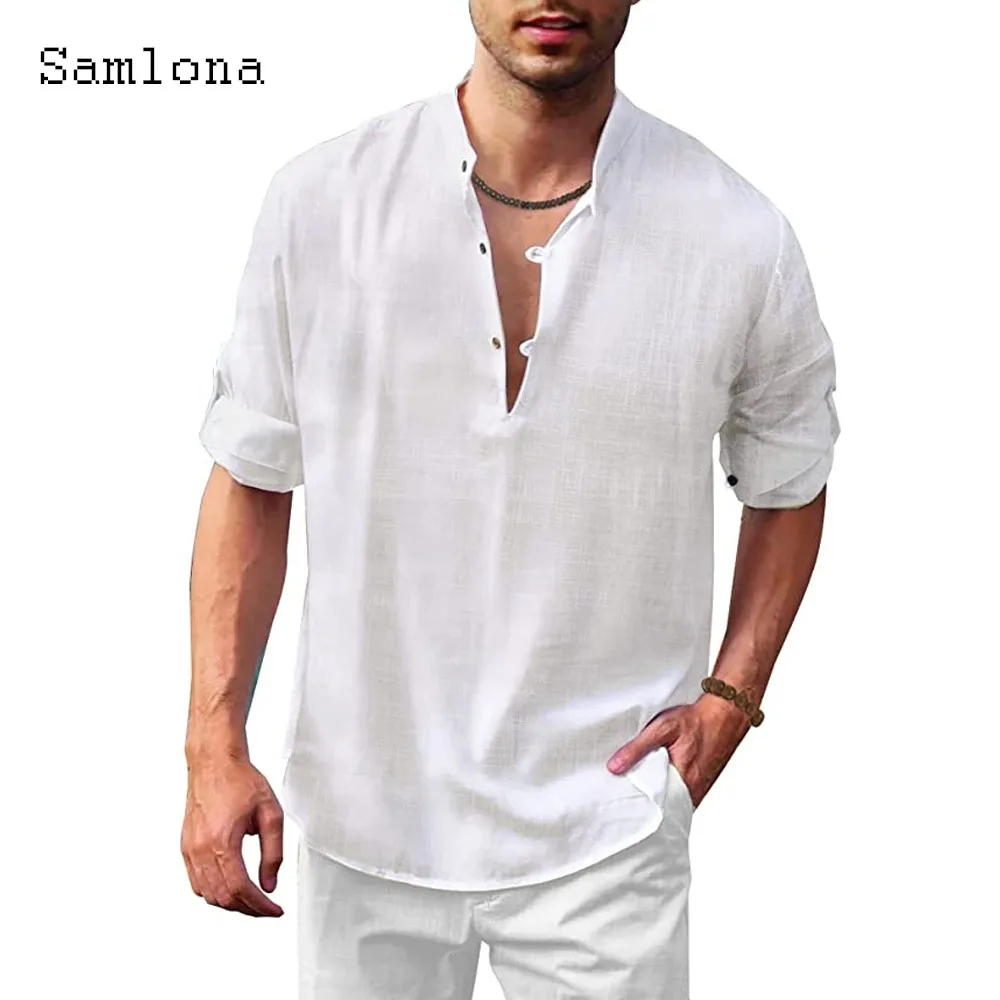 

Mens Fashion Leisure Shirts Masculina Casual Beach Shirt blusas Homme Ropa Sexy Top Pullovers Solid White Mandarin Collar Blouse