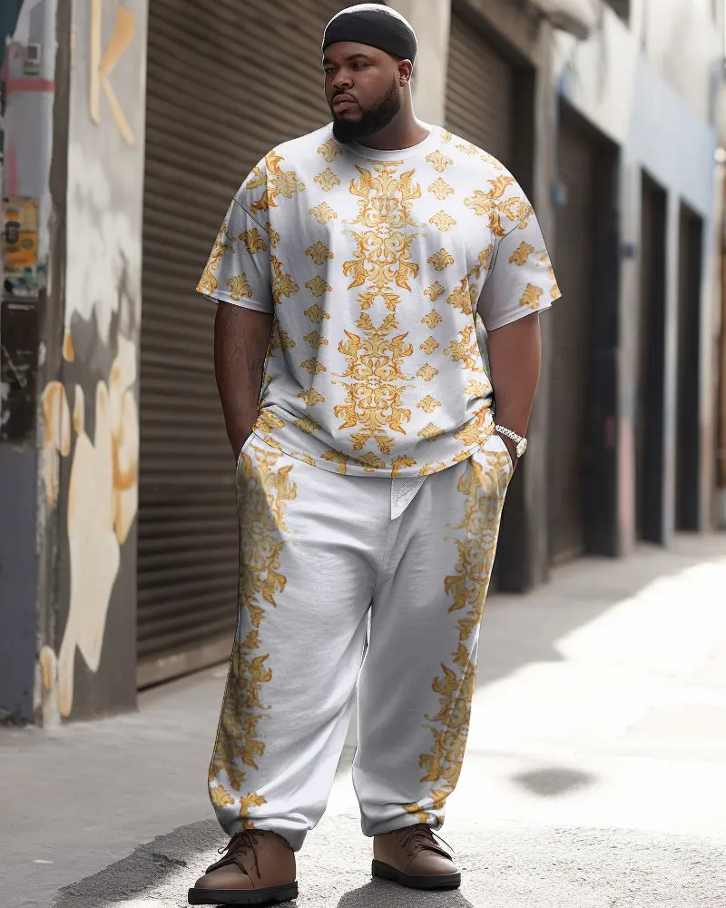 Biggmans Two Piece Sets T-Shirt for Men's Casual Clothing Simple Color Block Print Trousers Pants Big Plus Size Suit L-9Xl