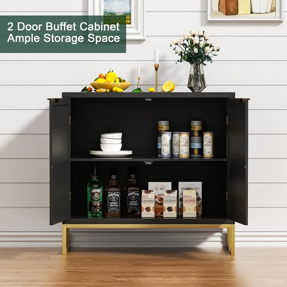 Rattan Sideboard Buffet Kitchen Storage Cabinet 2 Doors, Modern Black Accent Cabinet Kitchen Buffet Storage