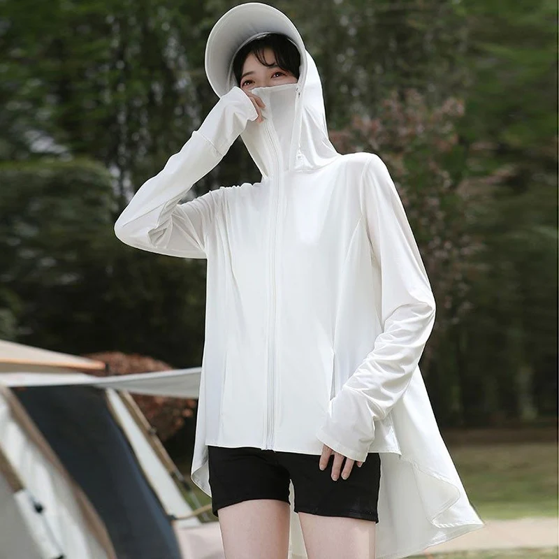 UV Resistant Hooded Zipper  Long Sleeve Front Short And Back Long Pocket Sunscreen Top Summer For Women Clothes Casual Solid Coa