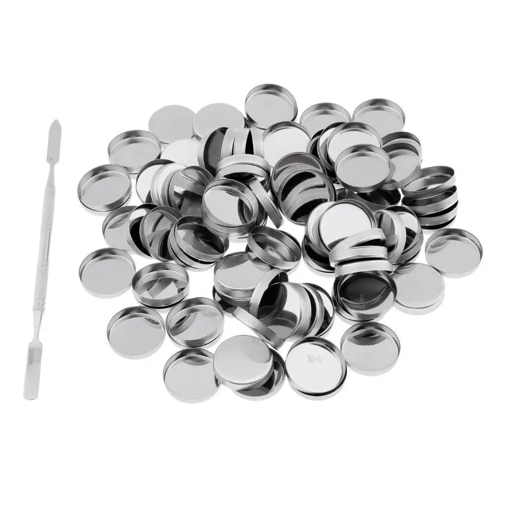 100x Empty Metal Pans Tin Panel with Stick for Lip Blusher DIY 