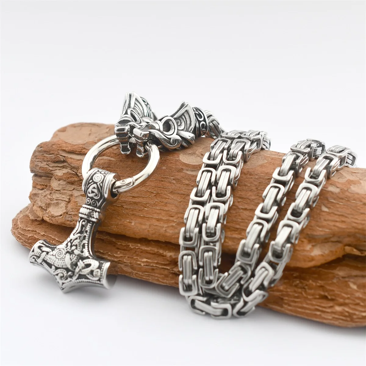 Men's Viking New Wolf Head King Chain Necklace Nordic Stainless Steel Thor's Hammer Pendant Amulet Necklace