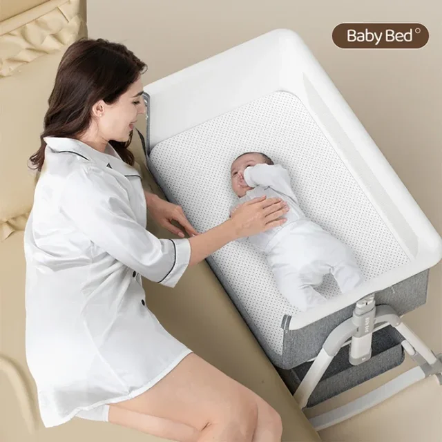 Portable and Movable Baby Crib Foldable and Adjustable Height Splicing Large Bed Modern and Simple Baby Cradle Bed 1