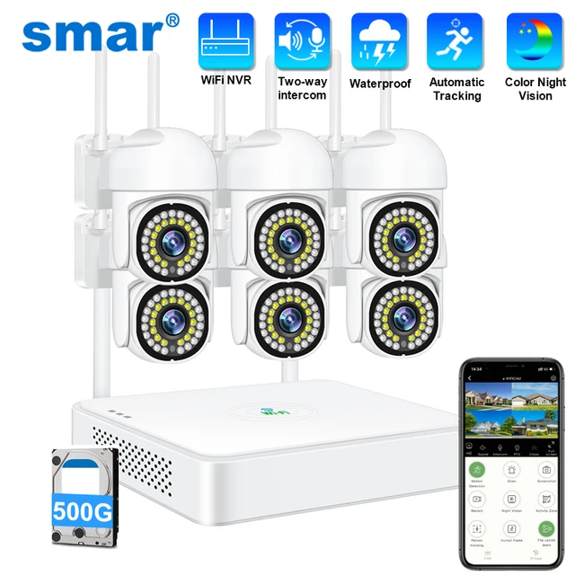 Kit de caméra sans fil intelligente avec détection humaine IA, vision nocturne, PTZ, WiFi, 3MP, pour extérieur, système de surveillance de sécurité CCTV 1