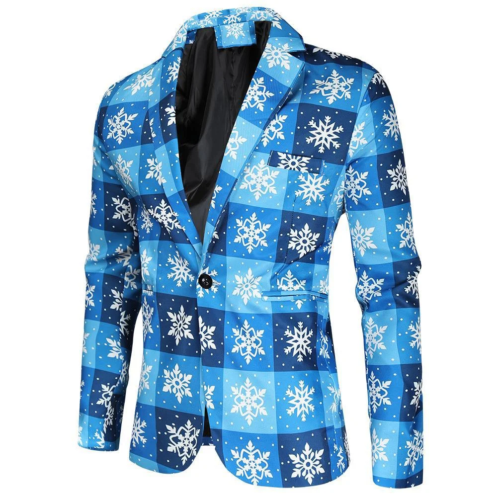 thumbnail image 1 of Gorro navideño de anime para hombre, chaqueta azul y roja, divertido árbol de Navidad, muñeco de nieve, estampado, blazer de un botón, frente abierto, trajes de trabajo de oficina para negocios, 1 of 5