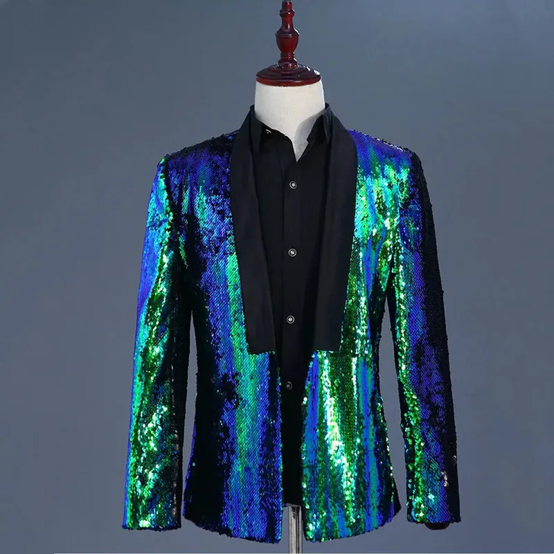 Sparkly Sequins Men Blazer Bar Male Singer Nightclub Stage Shawl Collar Suit Jackets Wedding Party Banquet Shiny Tuxedo Blazers