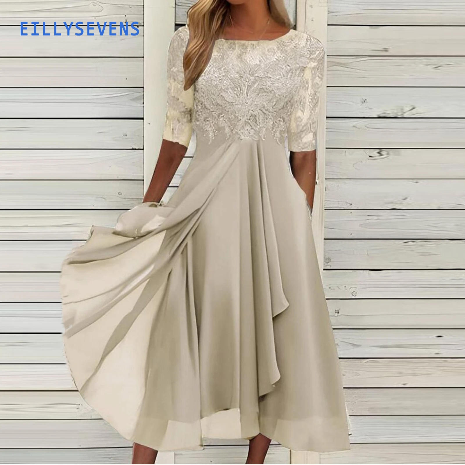 Elegant Lace Women'S Dress 2023 White Chiffon Patchwork Dress Cut Out Long Dress Bridesmaid