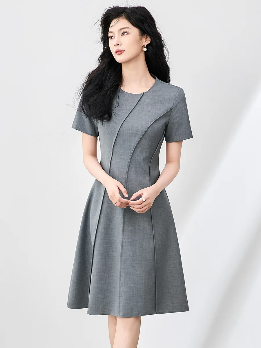 ZJYT Summer Elegant Solid Grey Simple Office Dress Women