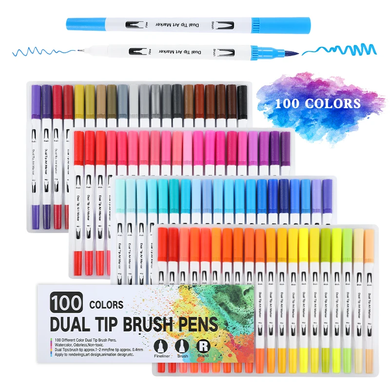 12/48/72/100 Colors FineLiner Art Marker Pens Dual Tip Manga Drawing Painting Watercolor Brush Pen School Supplies Markers 04350