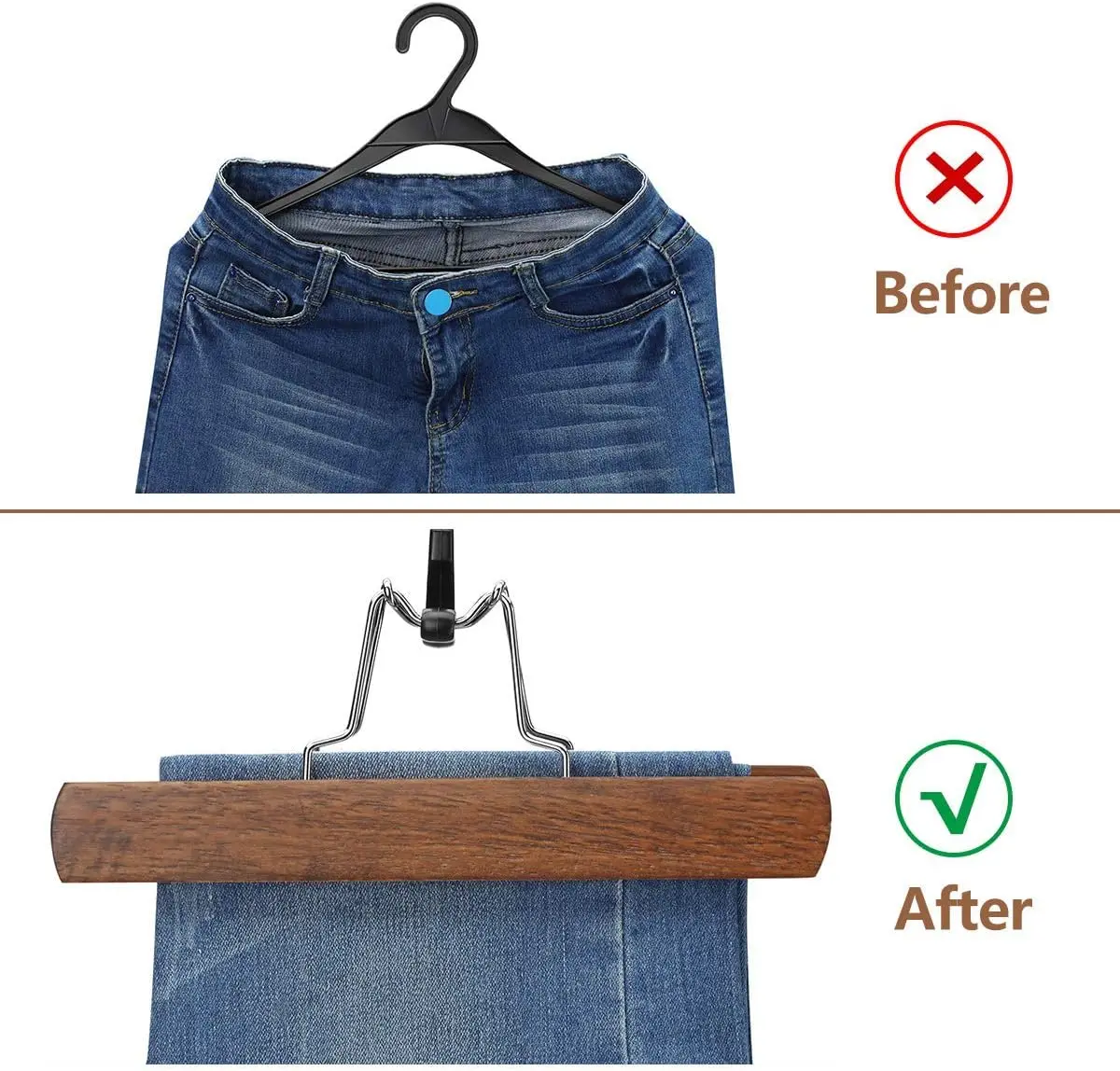 5-30PCS Wooden Pants Skirt Hangers Smooth Solid Wood Non Slip Jeans Slack Clamp Hangers Hair Extension Hangers with Swivel Hook 3