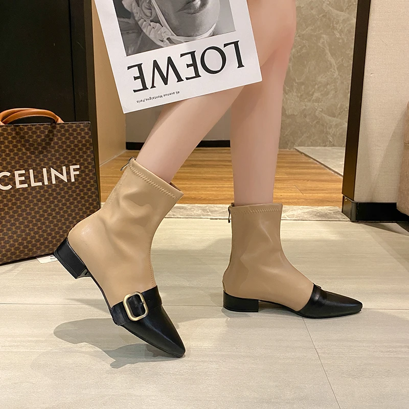Autumn Sexy Belt Buckle Back Zipper Short Boots Square Toe Fashion