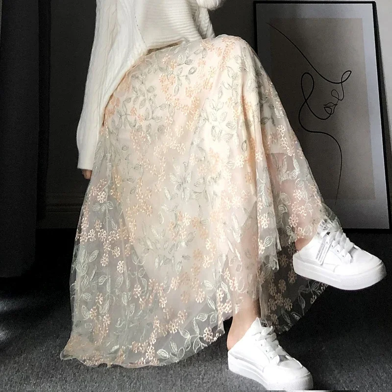 Vintage Embroidery Long Tulle Skirts Women 2024 Fashion High
