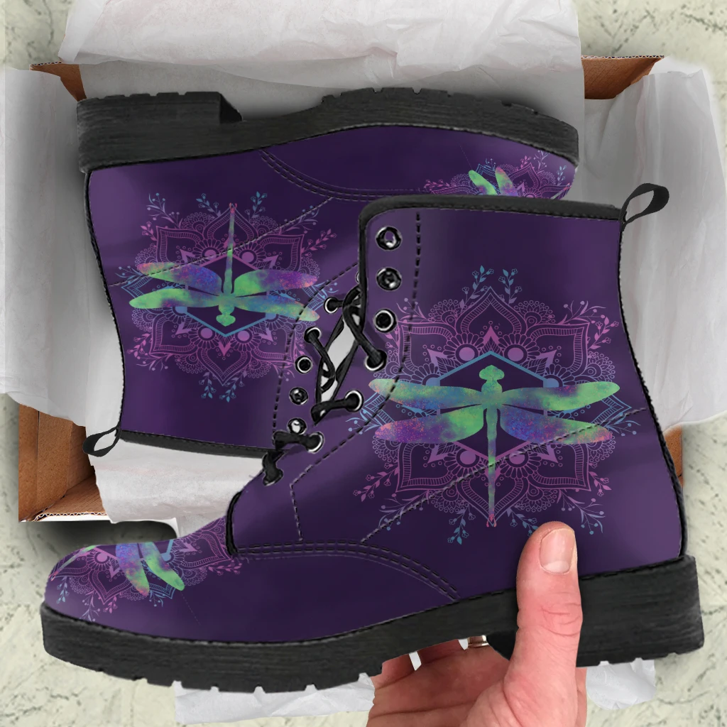 

Fashion Non-slip Women's Short Boots Dragonfly PU Leather Autumn Ankle Boots Lace-up Casual Ladies Short Boots Print On Demand