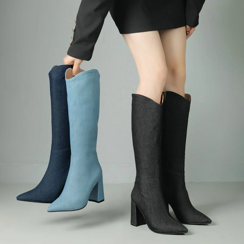 

Black Blue Knee-high Women's Boots Pointed Square Root Cowboy Boots Side Zippered Knight Boots Casual Heeled Women's Shoes 2024