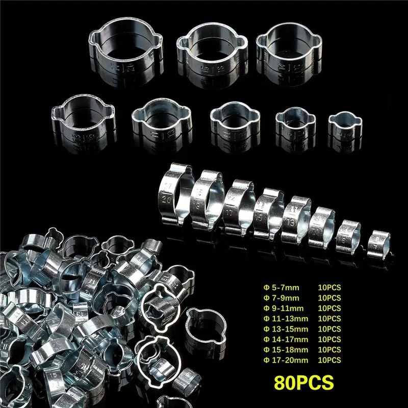 Double Ear Clamp o Clips Crimp Clip Air Silicone Gasolina Água Mangueira de Combustível Tubo Ferro Galvanizado Grampos Cinch Clamp Ring 80 Pcs