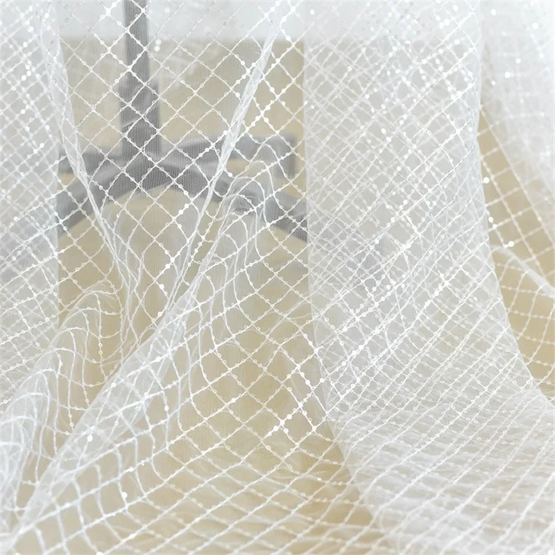 Grid Diamond Sequin Embroidery Lace Fabric Wedding Dress Handmade Diy Material Off White L286 |