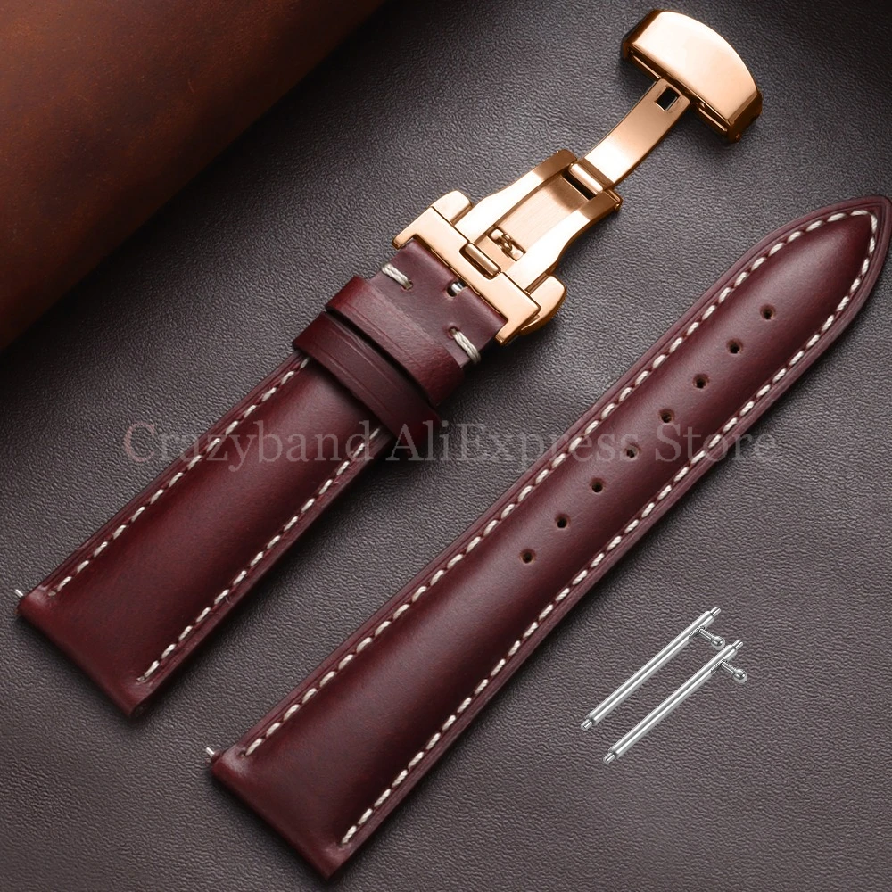 Premium Oil Wax Discoloration Calf Leather Watch Strap with Butterfly Buckle