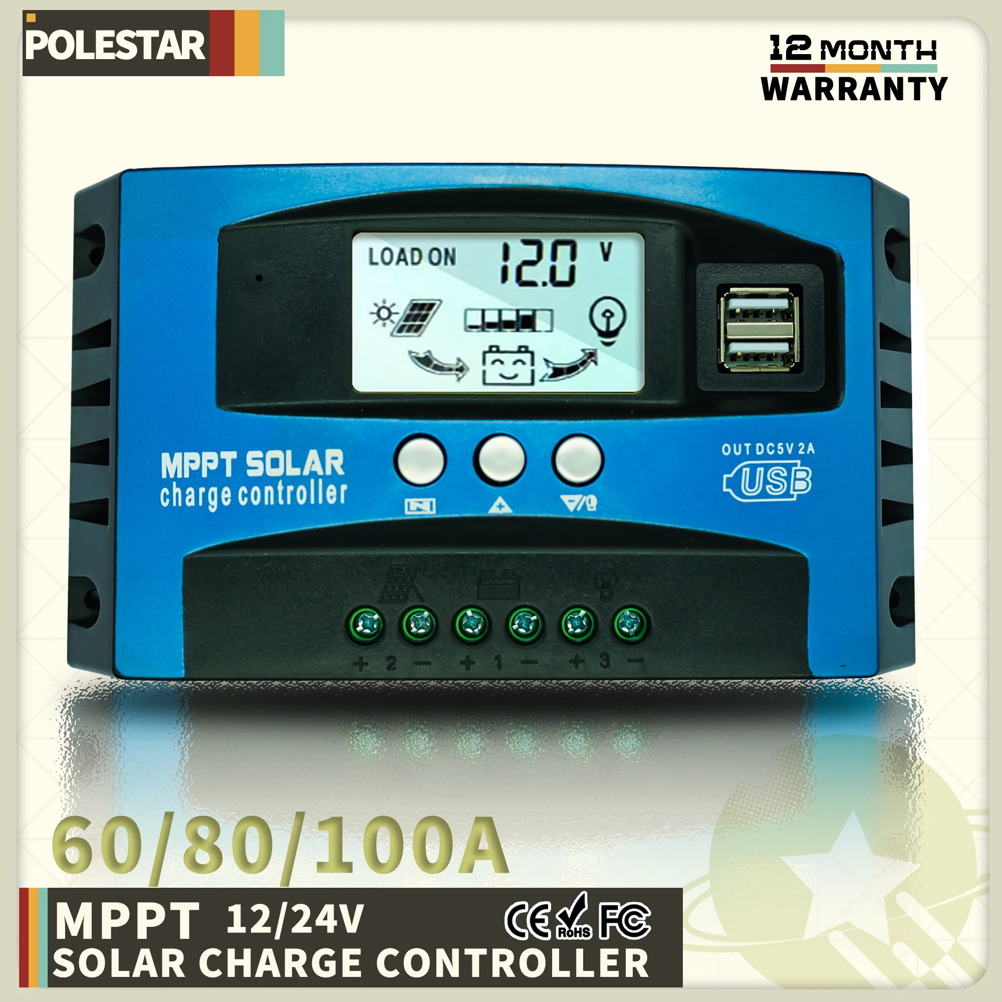 Polestar Solar Charge Controller 12V 24V 60A 80A 100A Dual USB LCD Display Auto Cell MPPT Panel Charger Regulator With Load