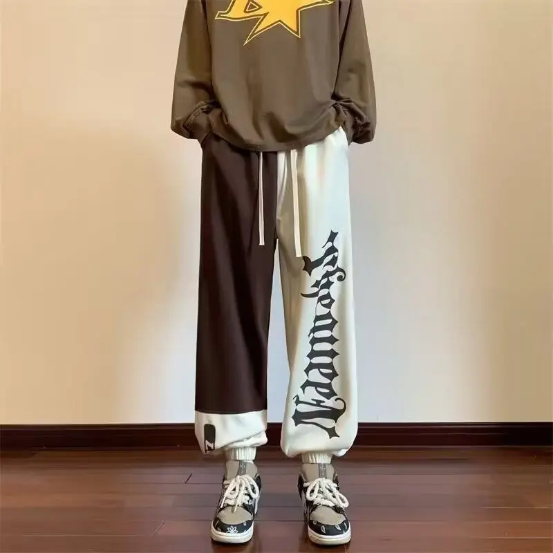 Spring Autumn 2024 Korean Men's Patchwork Contrast Color Printed Letters Drawstring Elastic Waist Loose Sports Casual Wei Pants