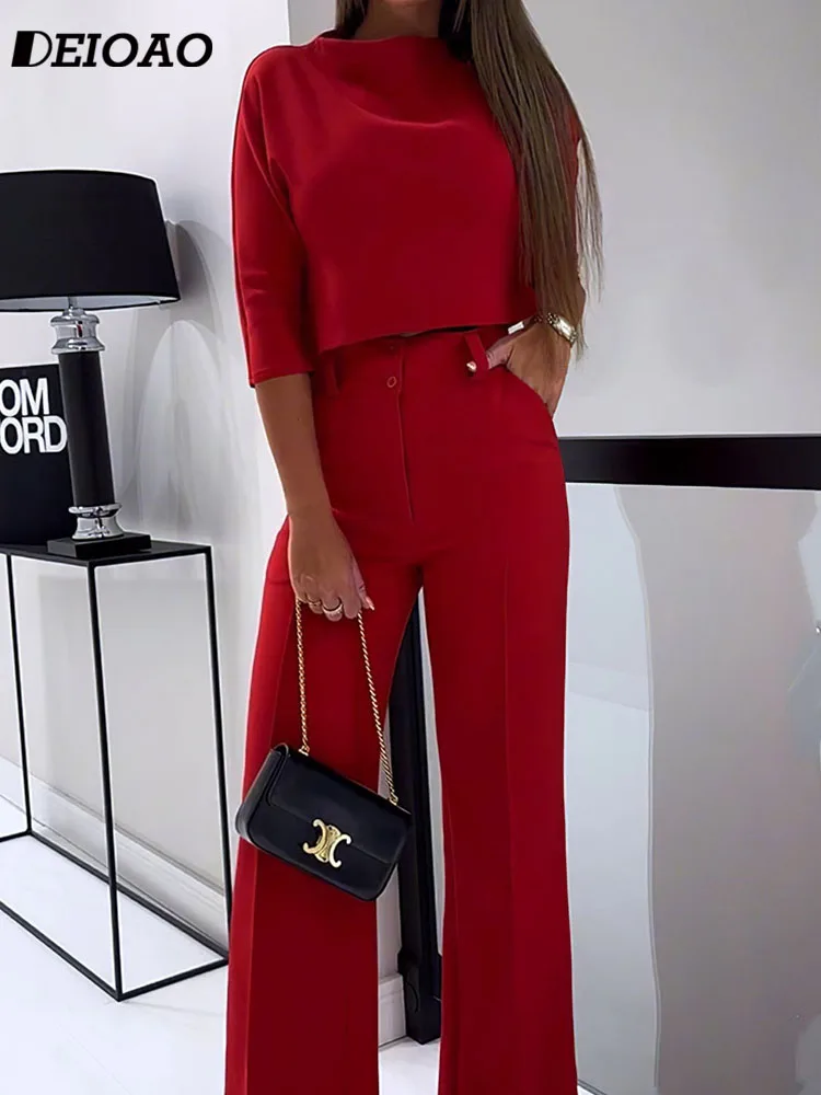 Deioao 2-piece Set Tops And Pants For Women's Office Summer Halft Sleeve Red Slim Elegant Fashion Female Clothing Wide Pant