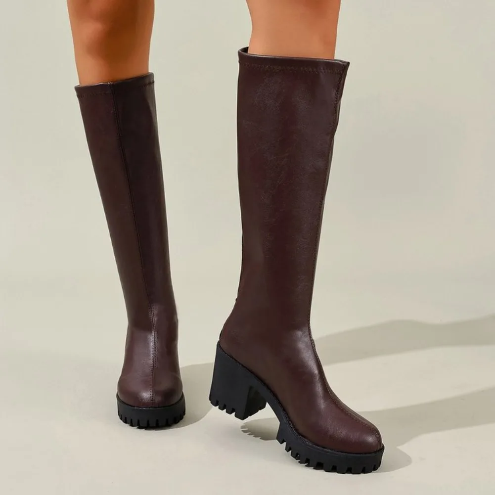 Autumn and Winter New Round Head Thick Sole Retro Heightening Mid-calf Boots with Velvet Warm and Comfortable Fashion Show Boots