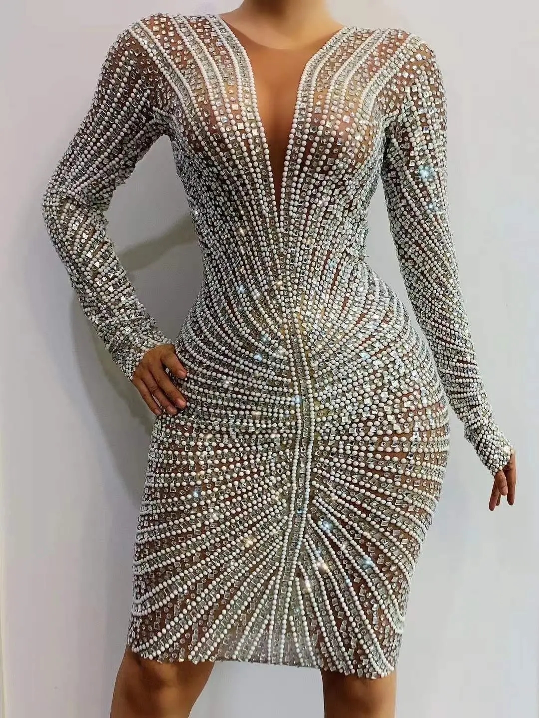 

Shining Rhinestones Pearls Long Sleeves Women Sexy Sheath Dress Evening Party Nightclub Clothing Stage Singer Costumes