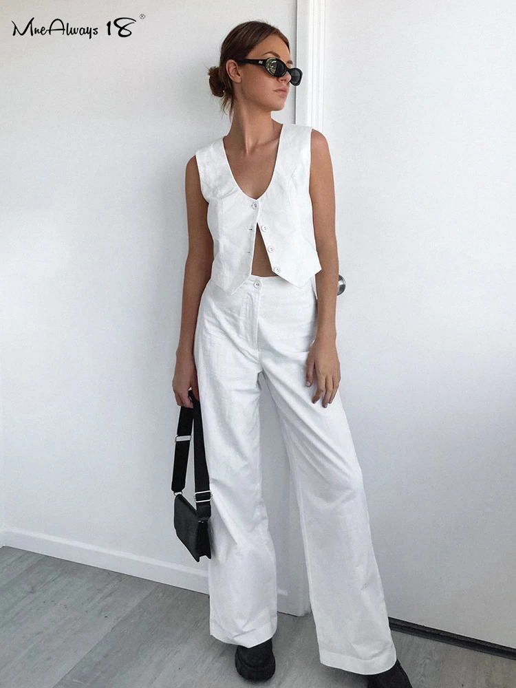 

Mnealways18 White Cotton Linen Pants Suits Two Pieces Women Blazers Sets Vest Tops And Wide Legs Pants Summer 2024 Street Style