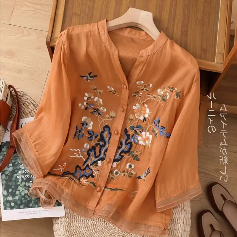 New Women Clothing Flower Embroidery Tops Tang Costume Chinese Style Shirts Traditional Cheongsam Blouse For Lady Female